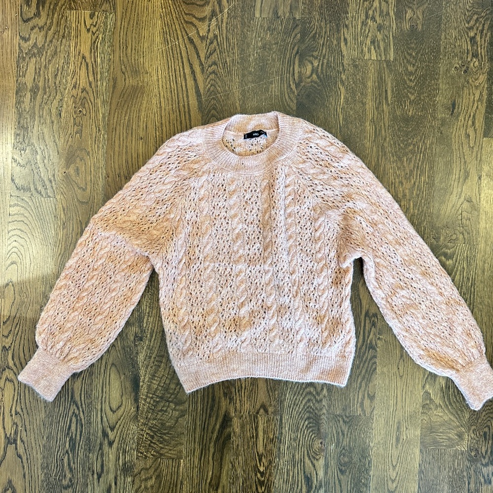 Cable Knit Crewneck Sweater in Blush Pink